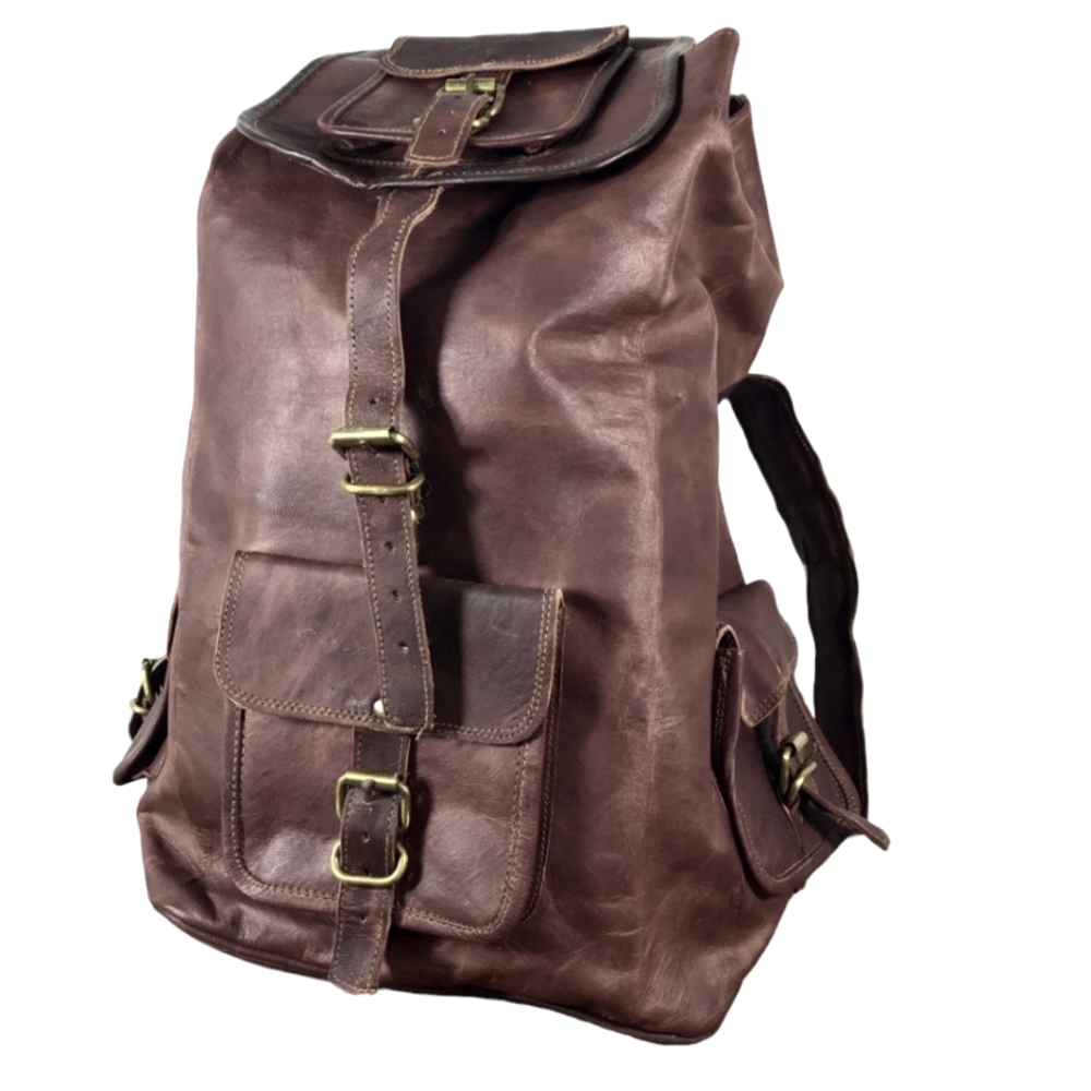 RARE Vintage handmade large genuine cow hide oiled leather backpack trav…